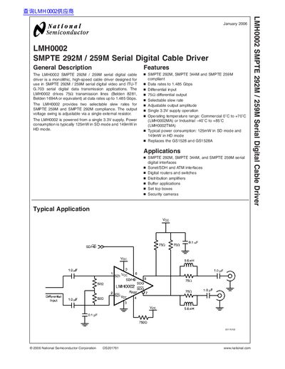 National Semiconductor LMH0002 SMPTE 292M/259M Serial Digital Cable Driver Datasheet - cover page