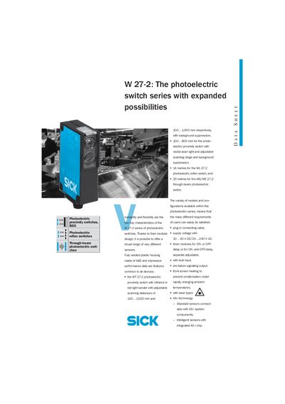 SICK W 27-2 Photoelectric Proximity Switches Datasheet - cover page