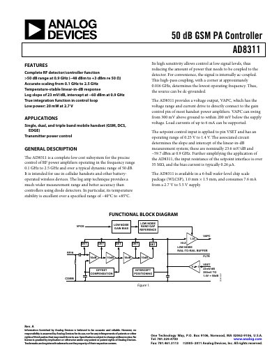 Analog Devices AD8311 50 dB GSM PA Controller Datasheet