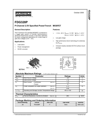 Fairchild FDG328P P-Channel MOSFET Datasheet - cover page