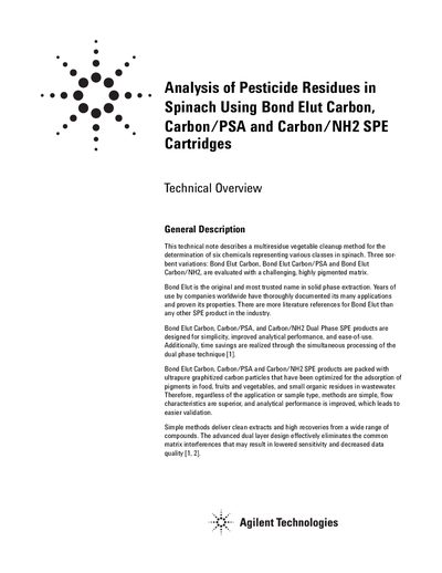 Agilent Bond Elut Carbon/PSA/NH2 SPE Technical Overview - cover page