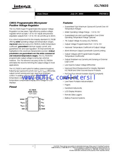 Intersil ICL7663S Positive Voltage Regulator Datasheet - cover page