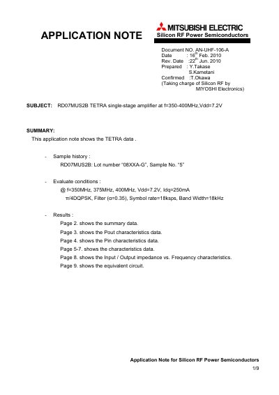 Silicon RF Power Semiconductors RD07MUS2B TETRA Application Note - cover page