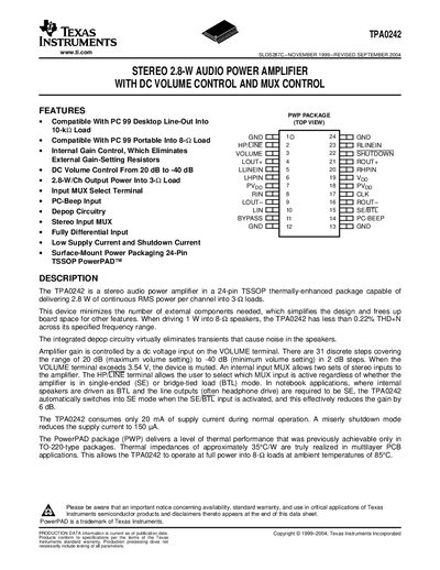 Texas Instruments TPA0242 Stereo Audio Power Amplifier Datasheet - cover page