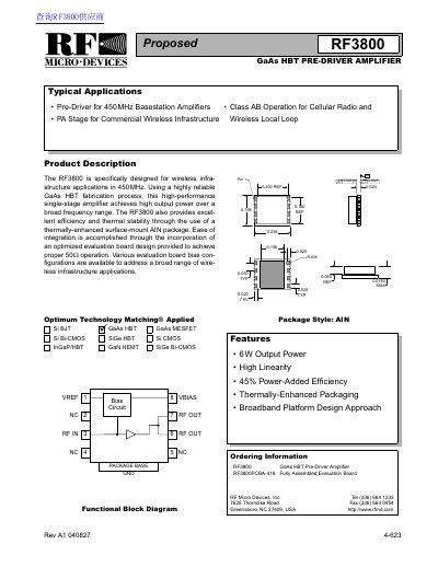 RF Micro Devices RF3800 GaAs HBT Pre-Driver Amplifier Datasheet - cover page