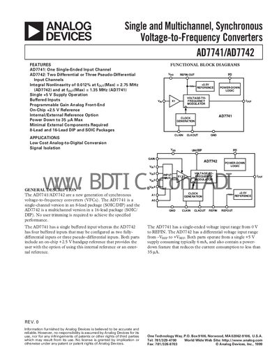 Analog Devices AD7741/AD7742 Voltage-to-Frequency Converter Datasheet - cover page