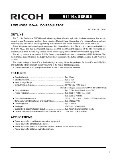 Ricoh R1116x Series Low Noise LDO Regulator Datasheet - cover page