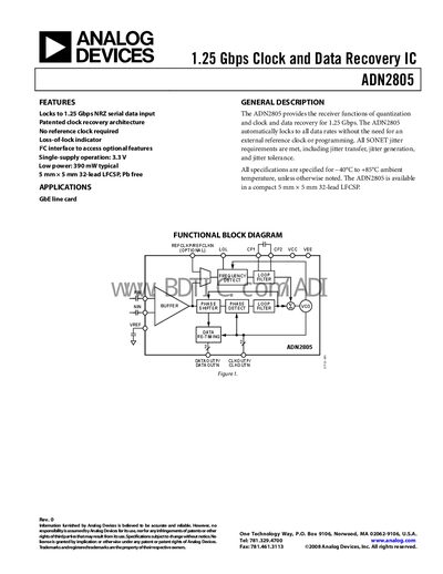 Analog Devices ADN2805 Clock and Data Recovery IC Datasheet - cover page