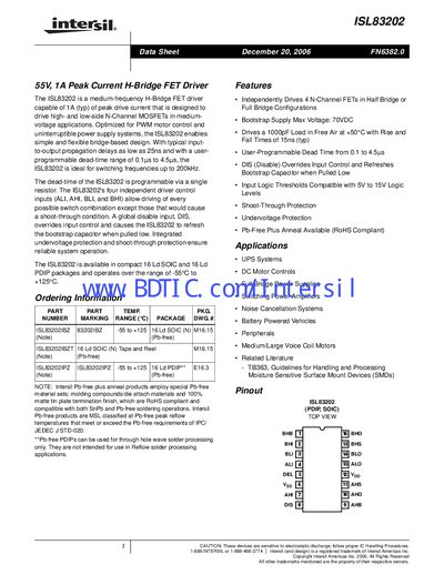 Intersil ISL83202 H-Bridge FET Driver Datasheet - cover page