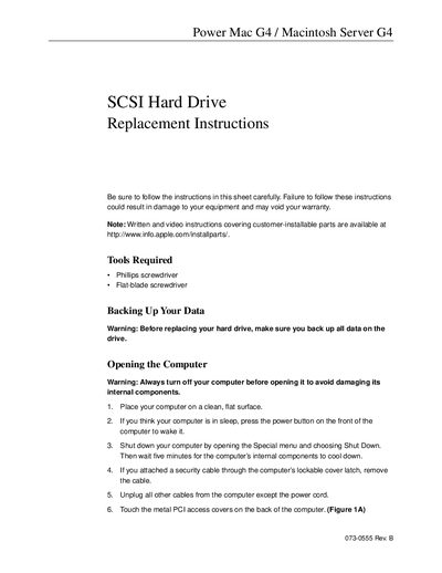 Apple Power Mac G4 SCSI Hard Drive Replacement Instructions - cover page