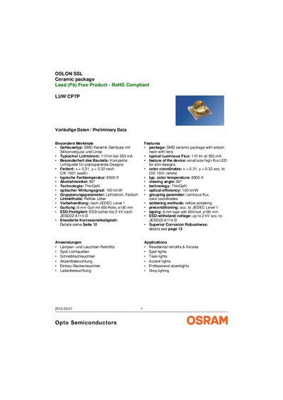 OSRAM LUW CP7P LED Datasheet - cover page