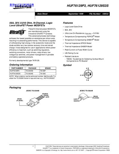 Intersil HUF76129P3/HUF76129S3S UltraFET Power MOSFET Datasheet - cover page