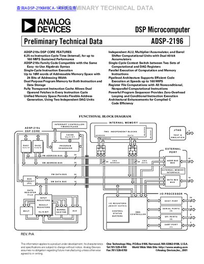 Analog Devices ADSP-2196 DSP Microcomputer Preliminary Technical Data Sheet - cover page