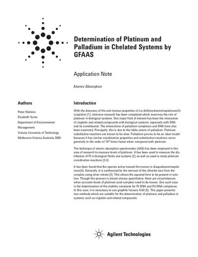 Agilent SpectrAA 400 Determination of Platinum and Palladium Application Note - cover page