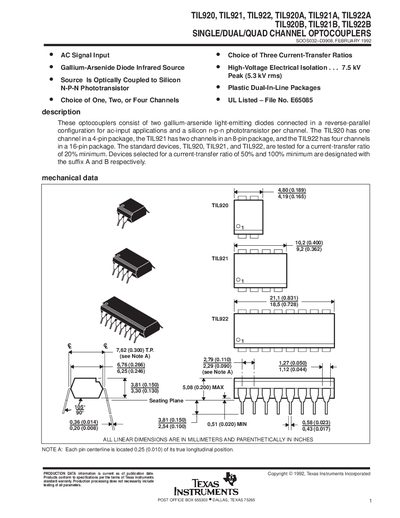 TEXAS INSTRUMENTS TIL920 TIL921 TIL922 TIL920A TIL921A TIL922A TIL920B TIL921B TIL922B SINGLE/DUAL/QUAD CHANNEL OPTOCOUPLERS Data Sheet  - cover page