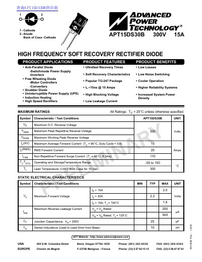 Advanced Power Technology APT15DS30B High Frequency Soft Recovery Rectifier Diode Datasheet - cover page