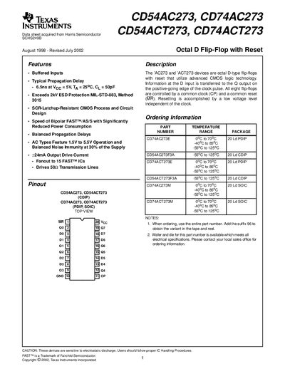 Texas Instruments CD54AC273, CD74AC273, CD54ACT273, CD74ACT273 Octal D Flip-Flop with Reset Datasheet - cover page