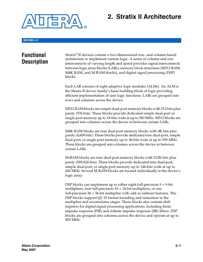 Altera Stratix II Device Family Architecture Datasheet - cover page