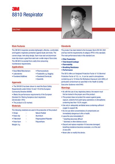 3M 8810 Respirator Data Sheet - cover page