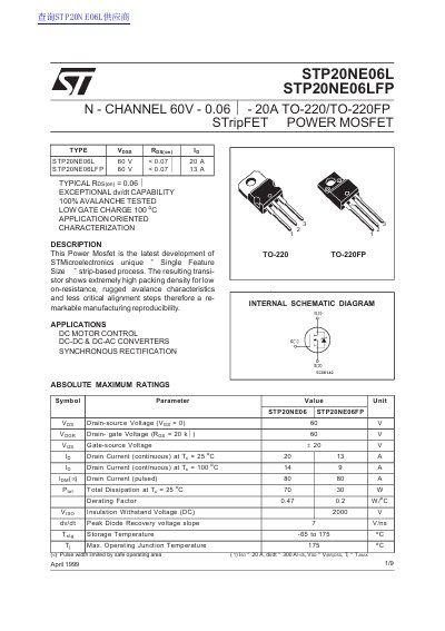 STMicroelectronics STP20NE06L/STP20NE06LFP N-Channel MOSFET Datasheet