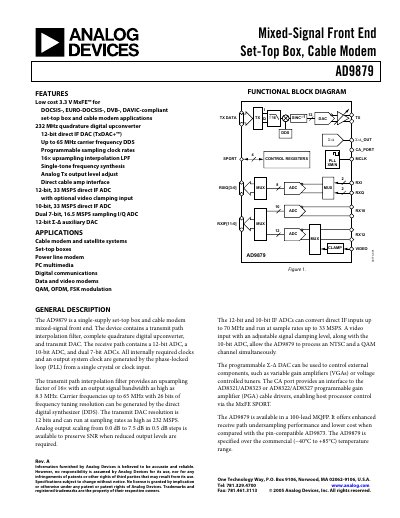Analog Devices AD9879 Mixed‑Signal Front End Set‑Top Box & Cable Modem Datasheet - cover page