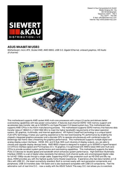 ASUS M4A88T-M/USB3 Motherboard Product Leaflet - cover page