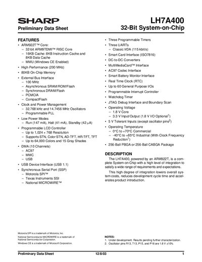Sharp LH7A400 System-on-Chip Preliminary Data Sheet - cover page