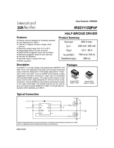 International Rectifier IRS2111(S)PbF Half-Bridge Driver Datasheet