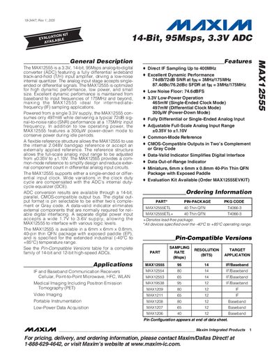 Maxim MAX12555 14‑Bit 95Msps 3.3V ADC Datasheet - cover page