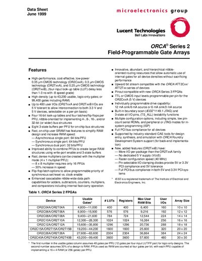 Lucent ORCA Series 2 FPGA Data Sheet - cover page