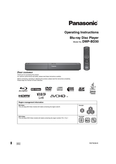Panasonic DMP-BD30 Blu-ray Disc Player Operating Instructions