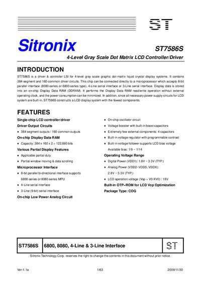 Sitronix ST7586S 4-Level Gray Scale Dot Matrix LCD Controller/Driver Datasheet - cover page
