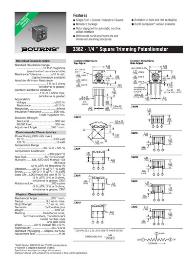 Bourns 3362 1/4" Square Trimming Potentiometer Datasheet - cover page