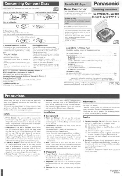 Panasonic SL-SW205/SL-SW405/SL-SW415/SL-SW411C CD Player Manual - cover page