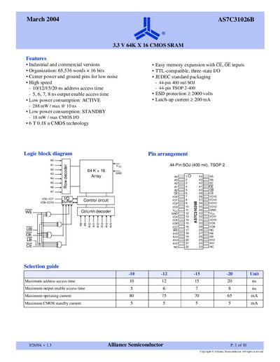 Alliance Semiconductor AS7C31026B SRAM Datasheet - cover page
