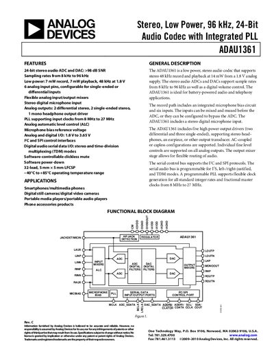 Analog Devices ADAU1361 Audio Codec Datasheet - cover page