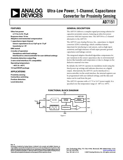 Analog Devices AD7151 Capacitance Converter Datasheet - cover page
