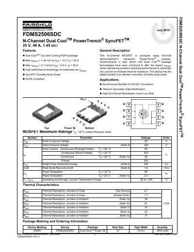 Fairchild Semiconductor FDMS2506SDC N-Channel MOSFET Datasheet - cover page