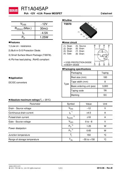 ROHM RT1A045AP Power MOSFET Datasheet - cover page