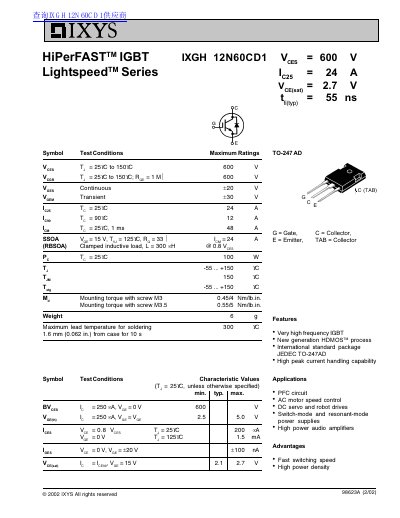 IXYS IXGH 12N60CD1 IGBT Datasheet - cover page