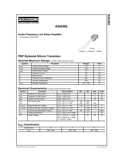 Fairchild Semiconductor KSA992 Audio Frequency Low Noise Amplifier Datasheet - cover page