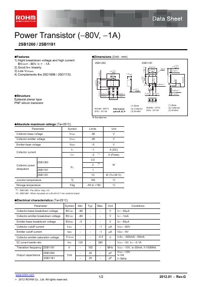 ROHM 2SB1181 Power Transistor Data Sheet - cover page