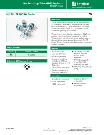Littelfuse SL1003A Series Gas Discharge Tube Datasheet - cover page