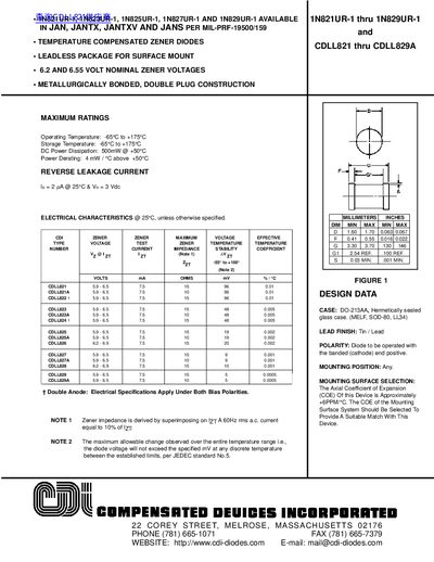 CDI 1N821UR-1 to 1N829UR-1 & CDLL821 to CDLL829A Zener Diode Datasheet - cover page