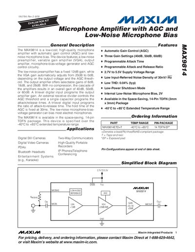 Maxim MAX9814 Microphone Amplifier Datasheet - cover page