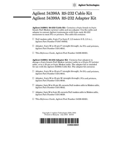 Agilent 34398A/34399A RS-232 Cable and Adapter Kit Reference Guide - cover page