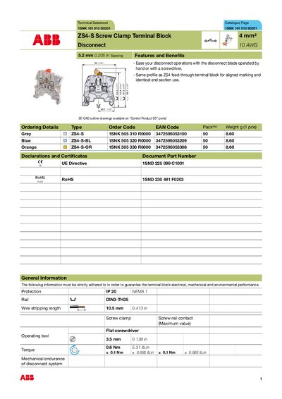 ABB ZS4-S Screw Clamp Terminal Block Technical Datasheet - cover page
