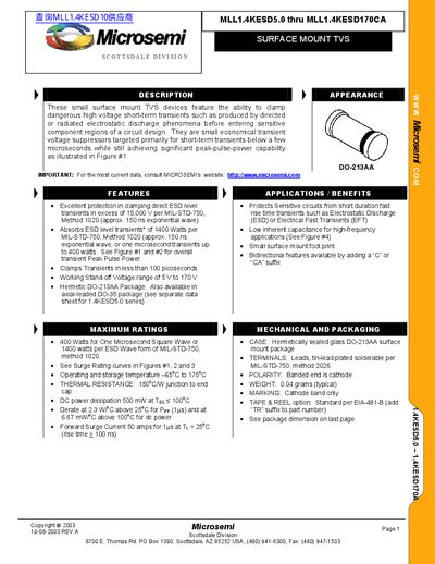 Microsemi MLL1.4KESD5.0‑MLL1.4KESD170CA Surface Mount TVS Datasheet - cover page