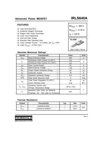 Fairchild Semiconductor IRLS640A Power MOSFET Datasheet - cover page