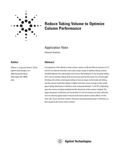 Reduce Tubing Volume to Optimize Column Performance Application Note - cover page
